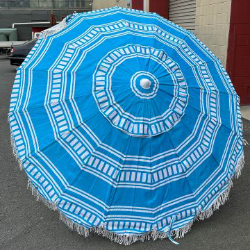 UMBRELLA, Beach - Large Blue Stripe Pattern w Fringe